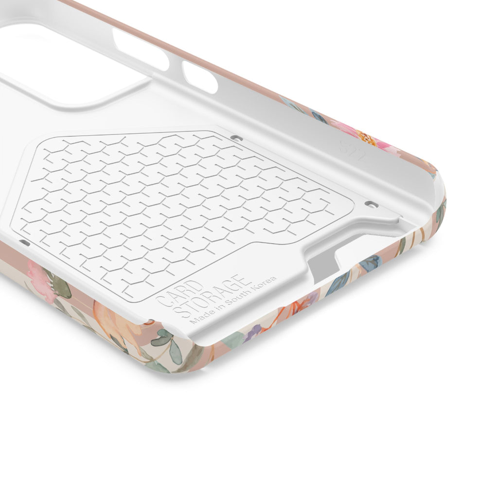 Floral Stripe Phone Case with Card Holder — Pink Butterflies & Garden Design