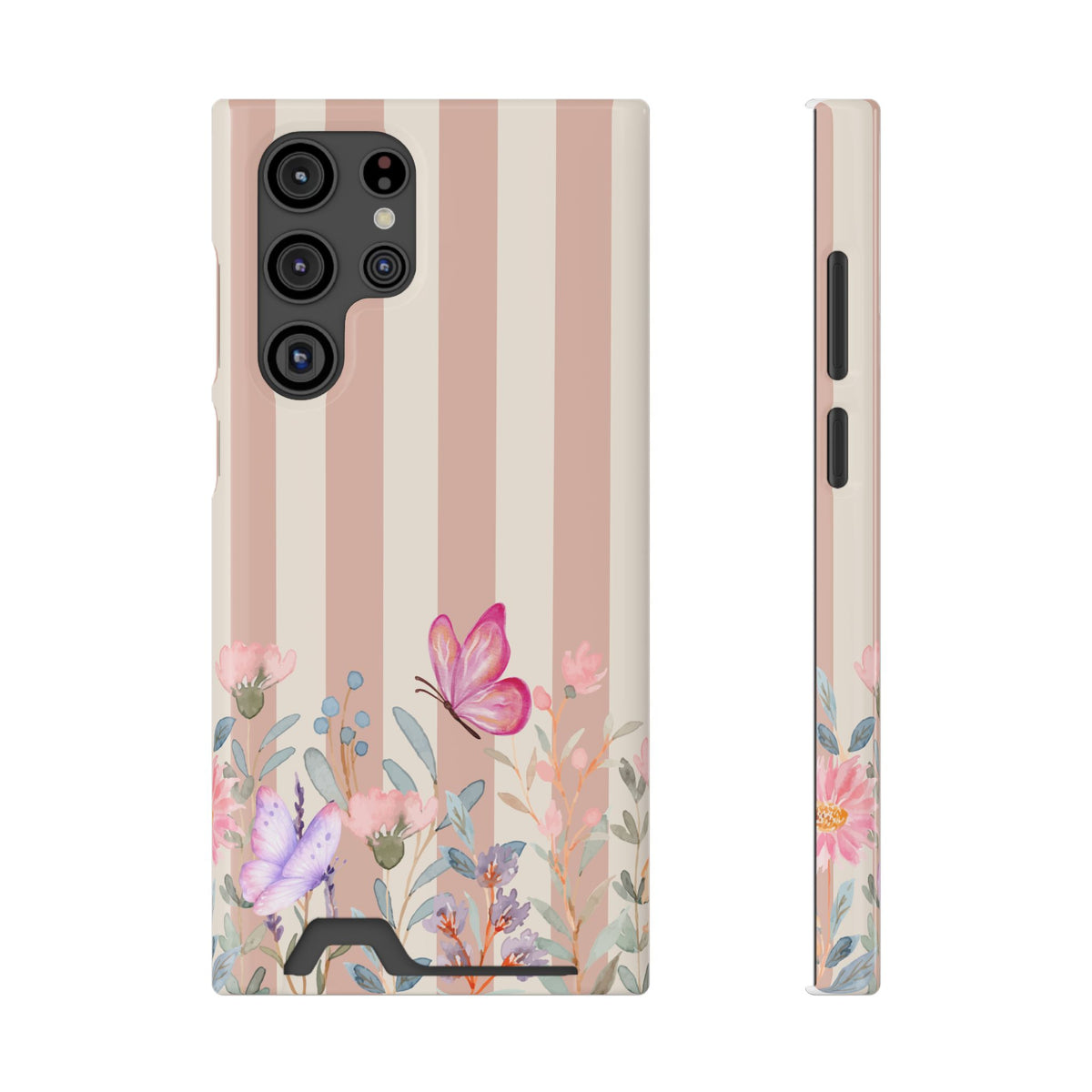 Floral Stripe Phone Case with Card Holder — Pink Butterflies & Garden Design