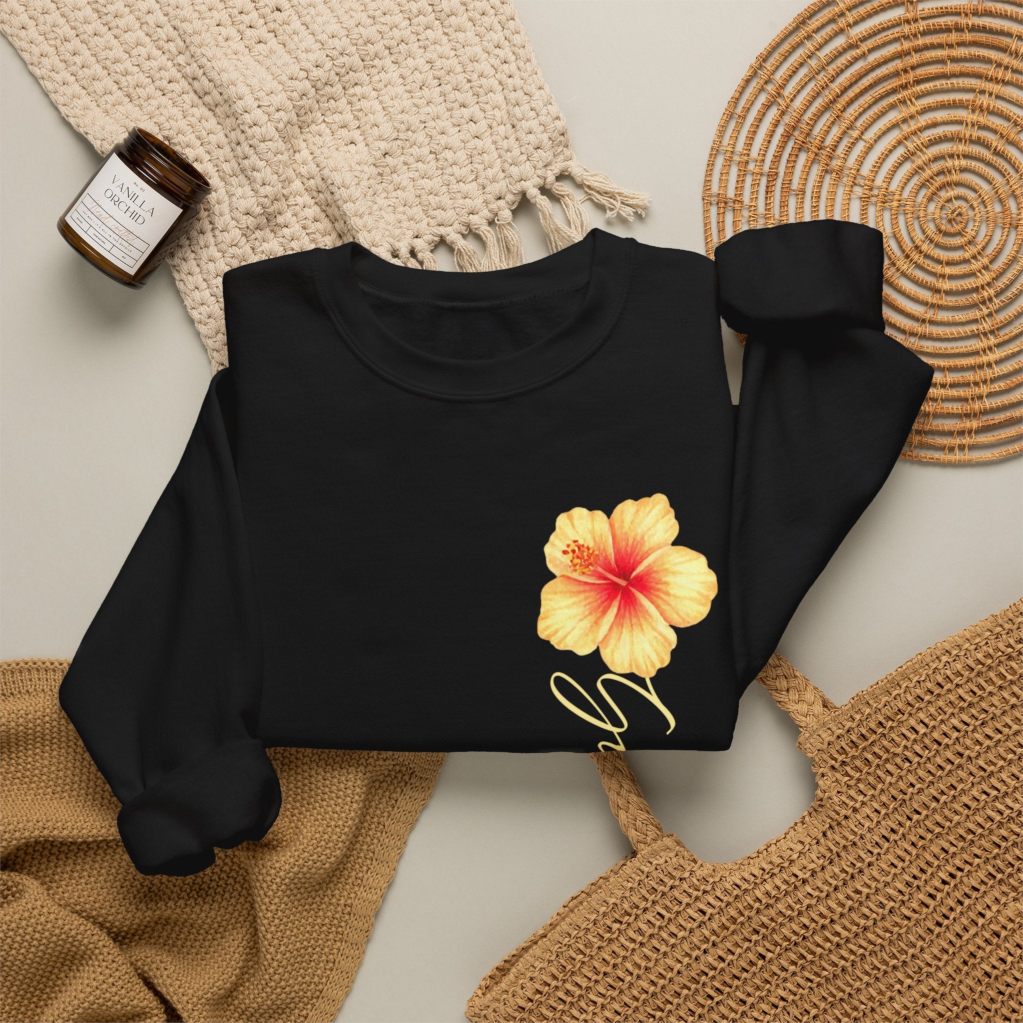 Yellow Hibiscus Floral Crewneck sweatshirt | tropical flower design