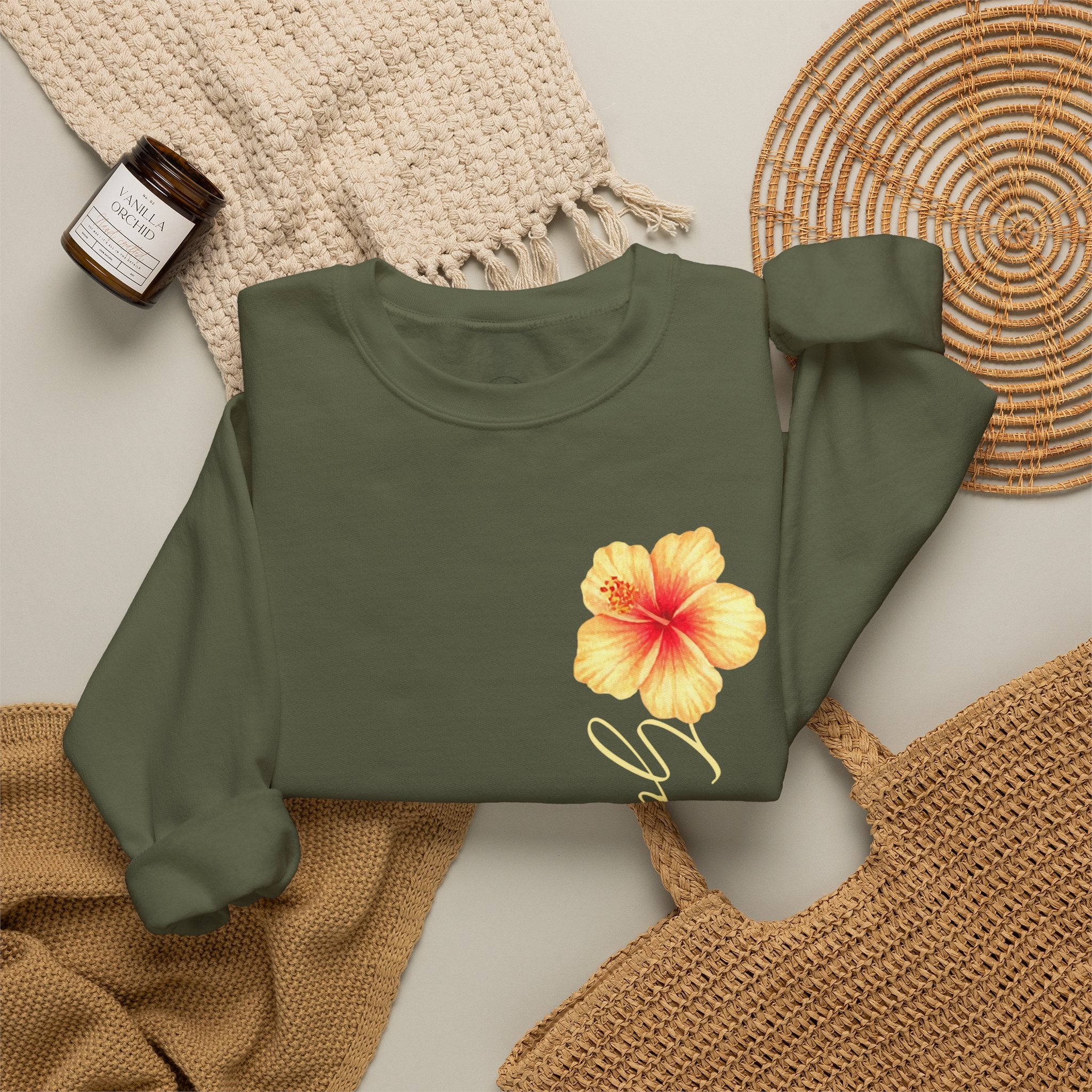 Yellow Hibiscus Floral Crewneck sweatshirt | tropical flower design