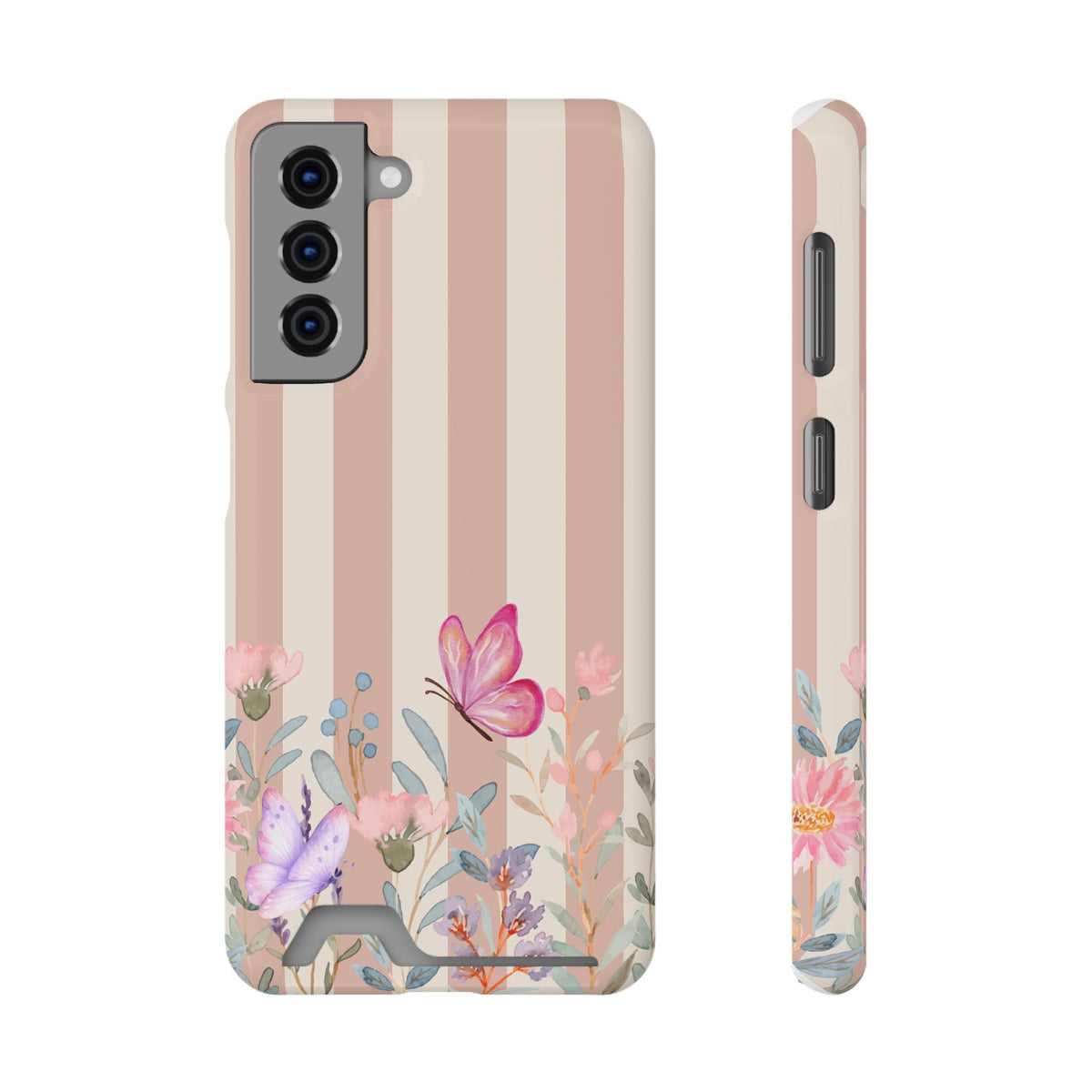 Floral Stripe Phone Case with Card Holder — Pink Butterflies & Garden Design