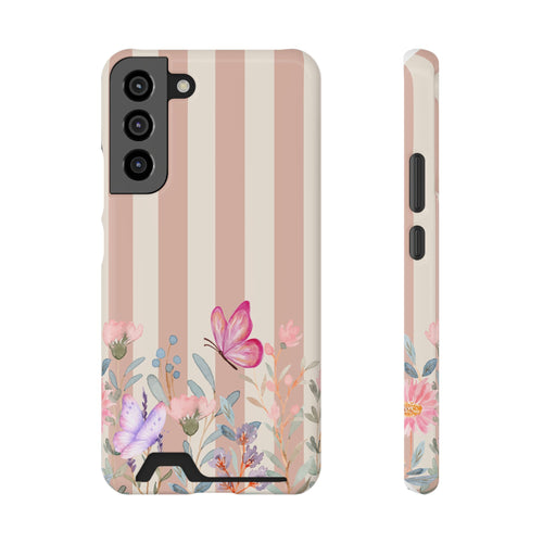Floral Stripe Phone Case with Card Holder — Pink Butterflies & Garden Design