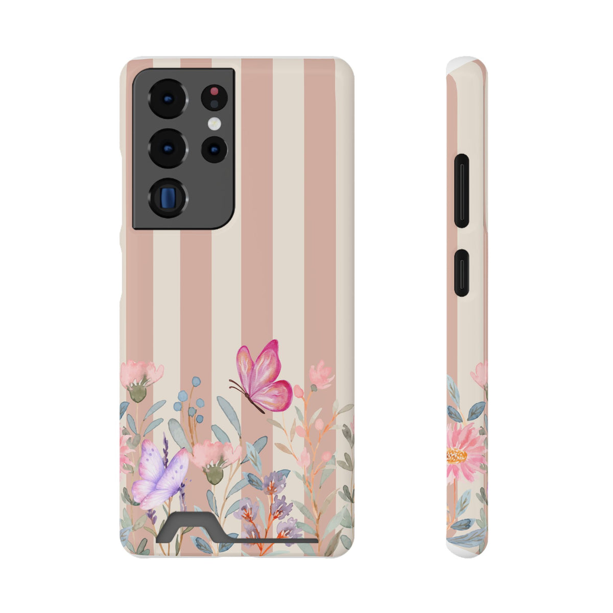 Floral Stripe Phone Case with Card Holder — Pink Butterflies & Garden Design