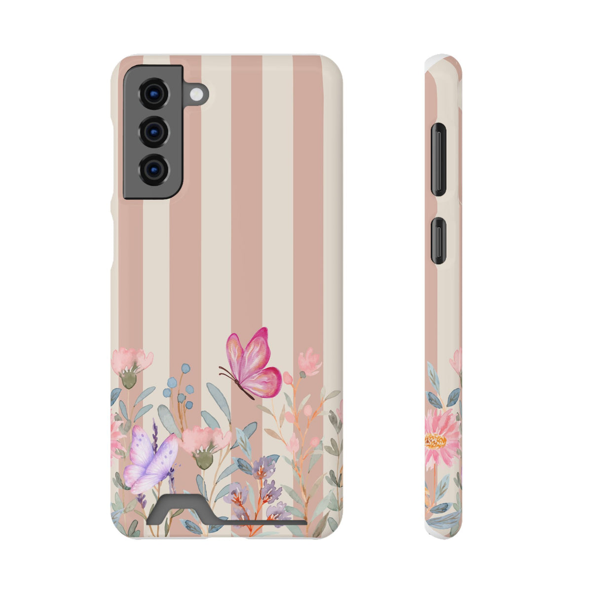Floral Stripe Phone Case with Card Holder — Pink Butterflies & Garden Design