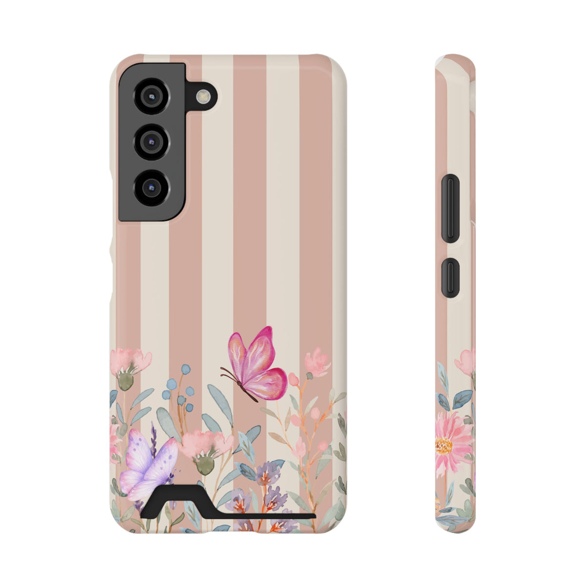 Floral Stripe Phone Case with Card Holder — Pink Butterflies & Garden Design