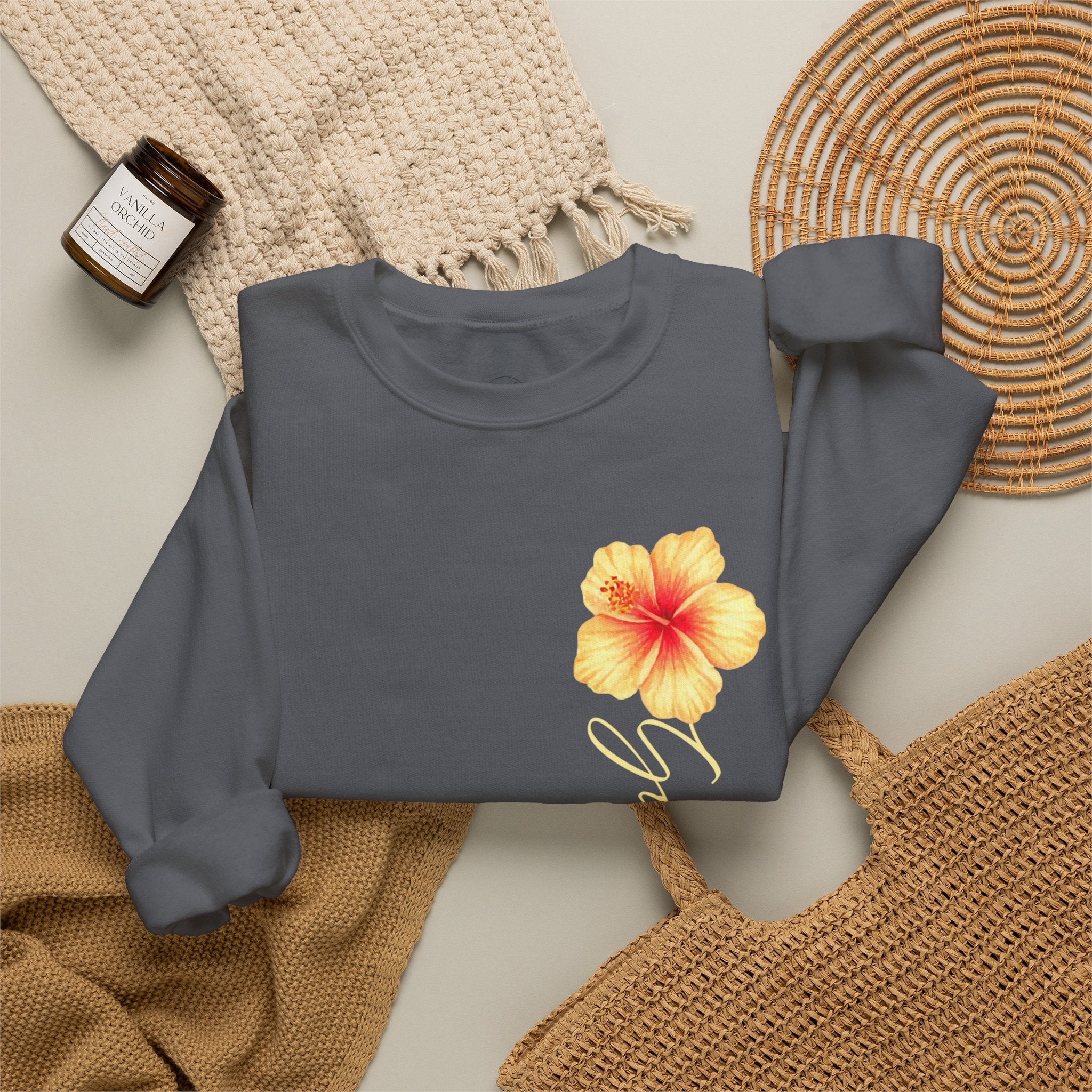 Yellow Hibiscus Floral Crewneck sweatshirt | tropical flower design