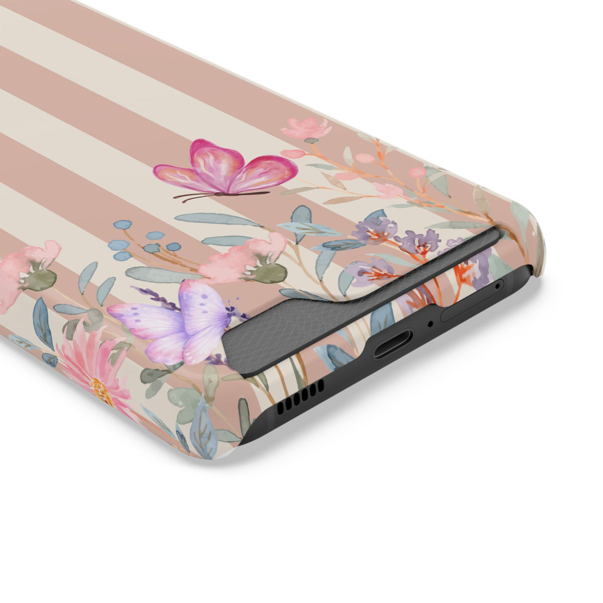 Floral Stripe Phone Case with Card Holder — Pink Butterflies & Garden Design