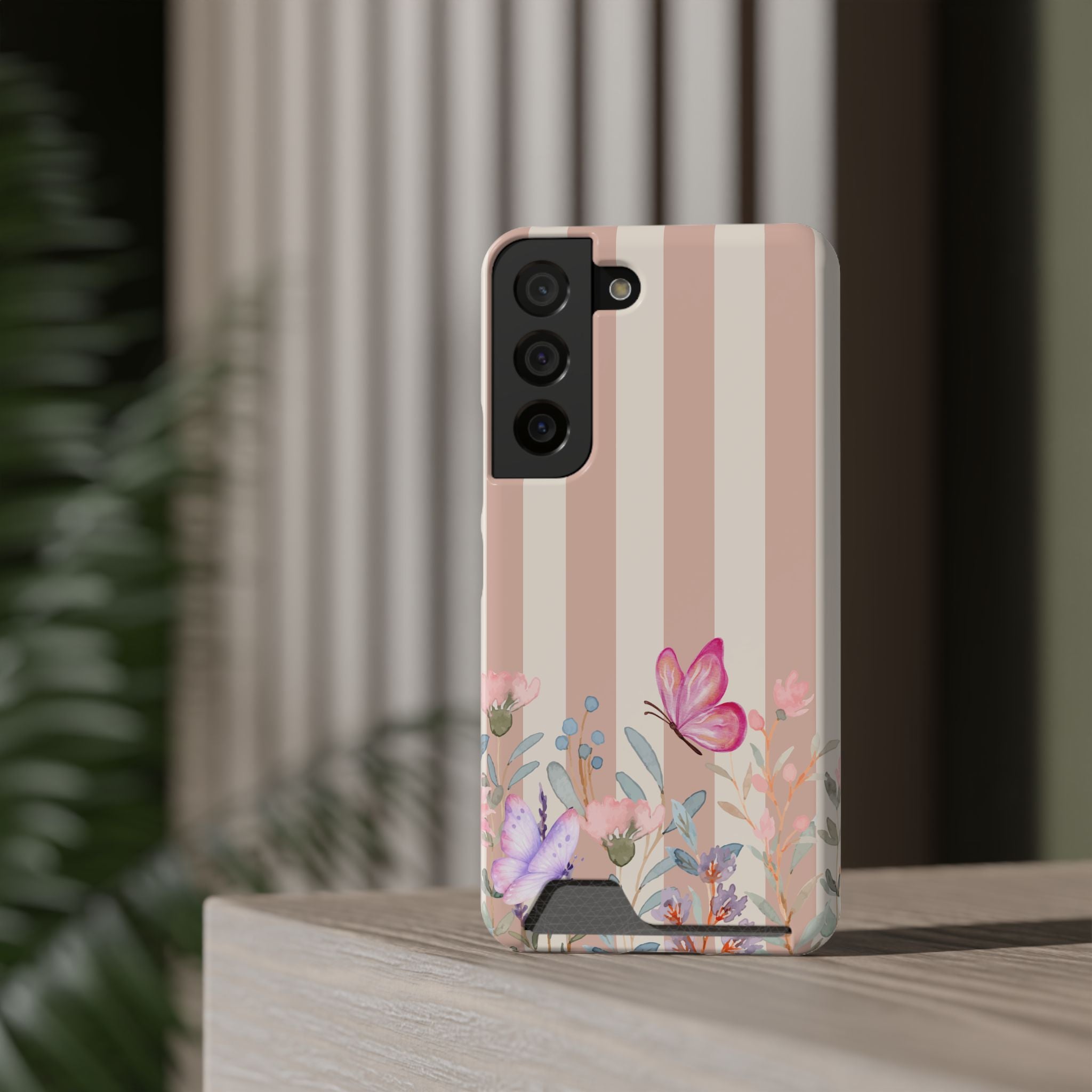 Floral Stripe Phone Case with Card Holder — Pink Butterflies & Garden Design