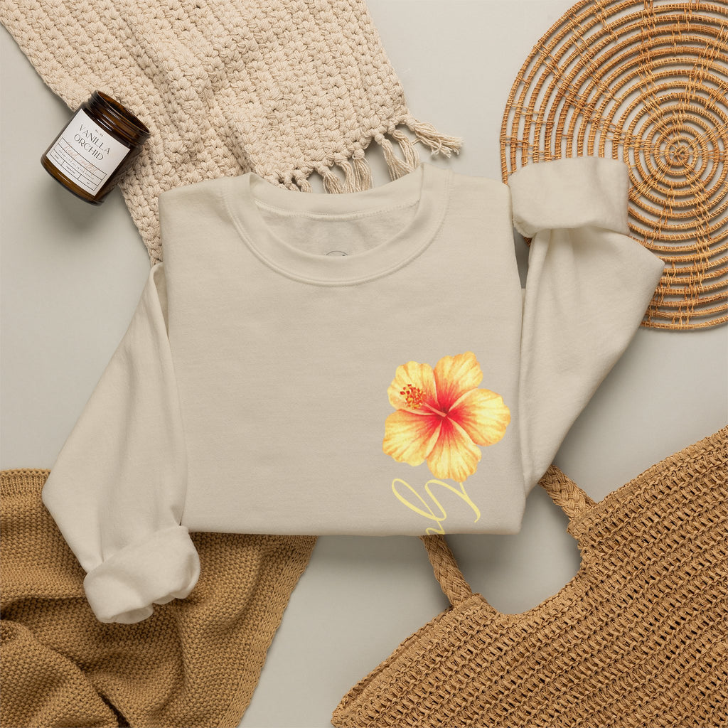 Yellow Hibiscus Floral Crewneck sweatshirt | tropical flower design