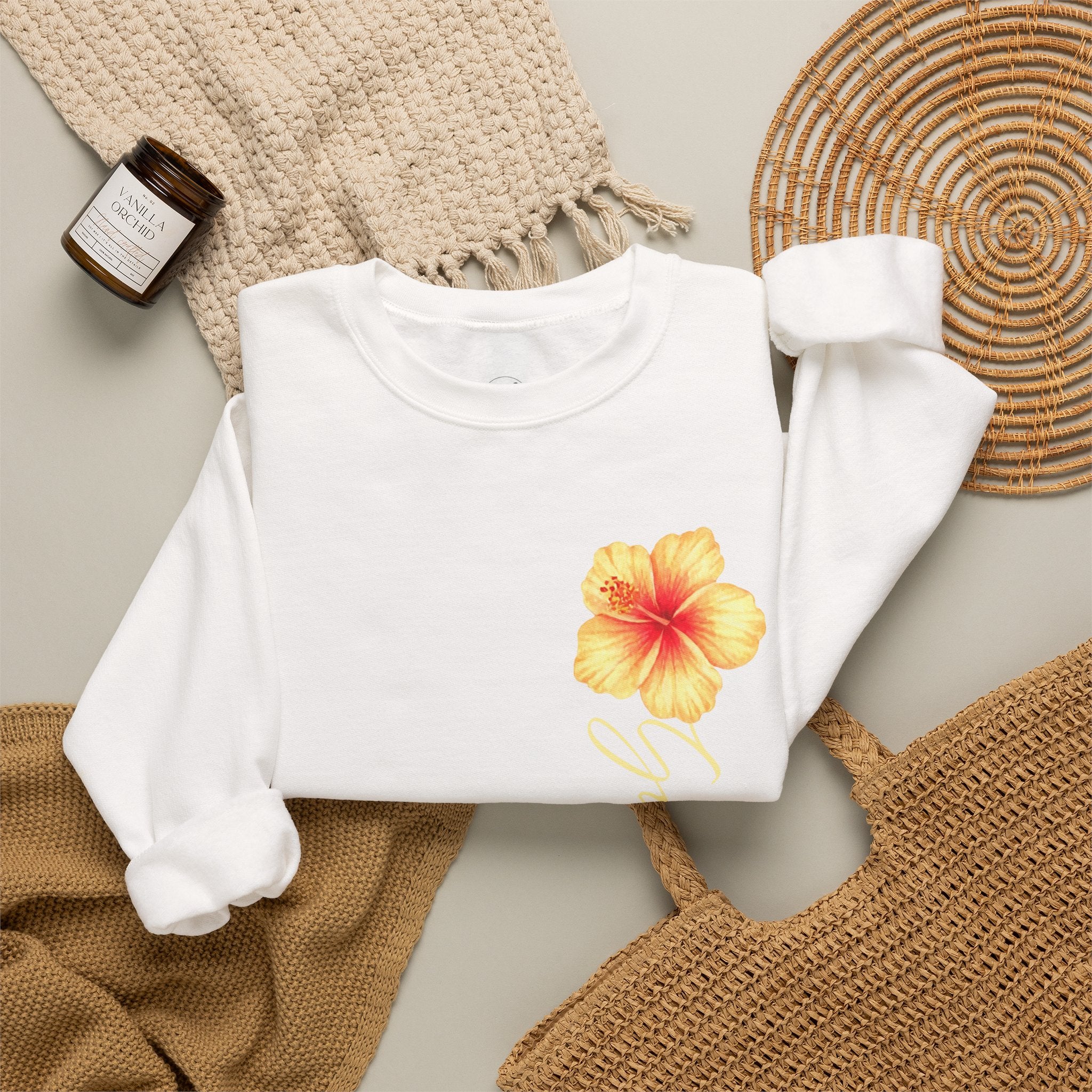 Yellow Hibiscus Floral Crewneck sweatshirt | tropical flower design